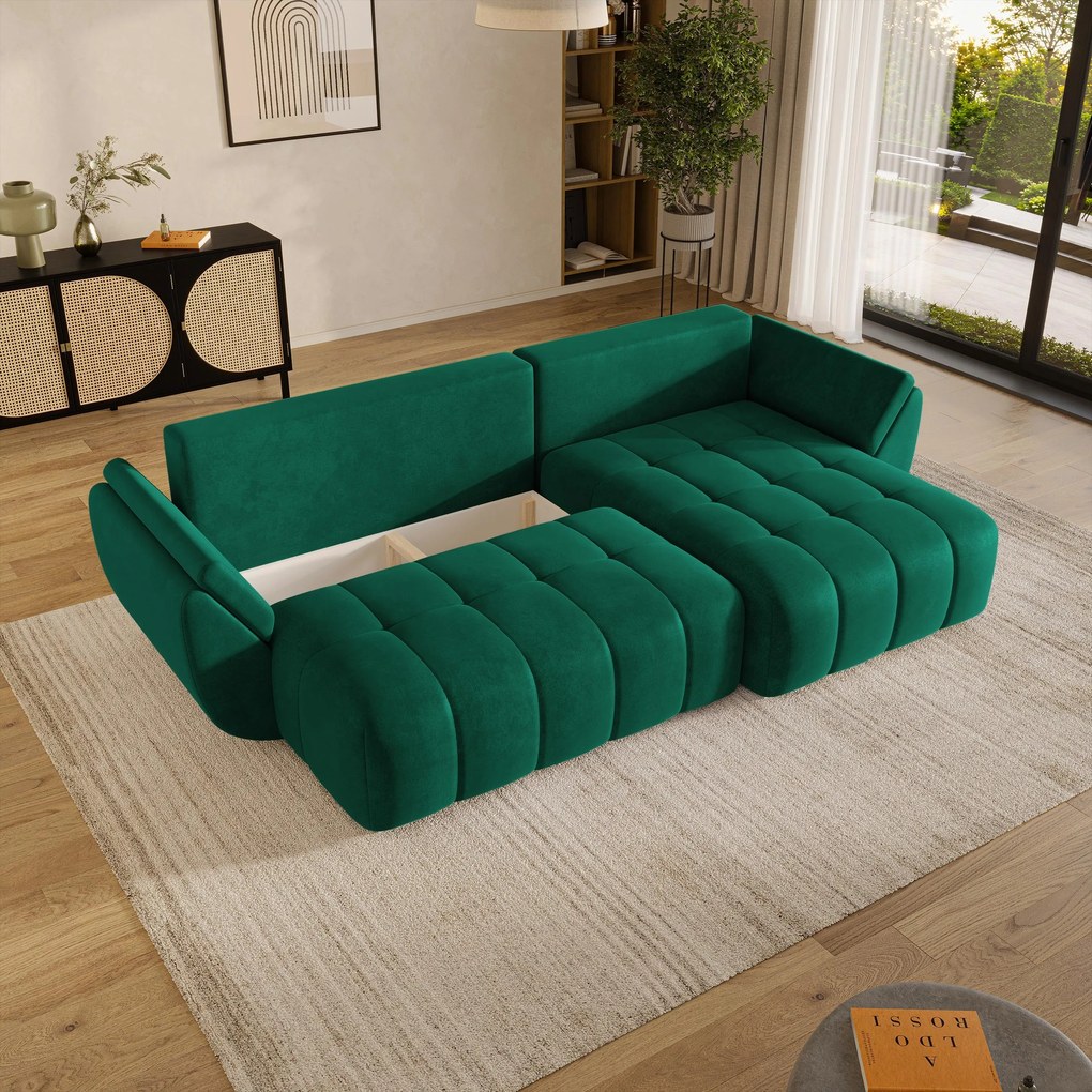 Masseno Narożnik OLSI z funkcją spania i pojemnikiem na pościel Narozniki L, Rozkładana sofa - Zielony, MONOLITH 37