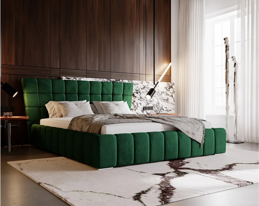 Emporius Deluxe łóżko tapicerowane 180x200 cm - łóżko przeszywane w nowoczesnym stylu - pojemnik i stelaż, tkanina aksamitna, zielony (Magic Velvet 2225)
