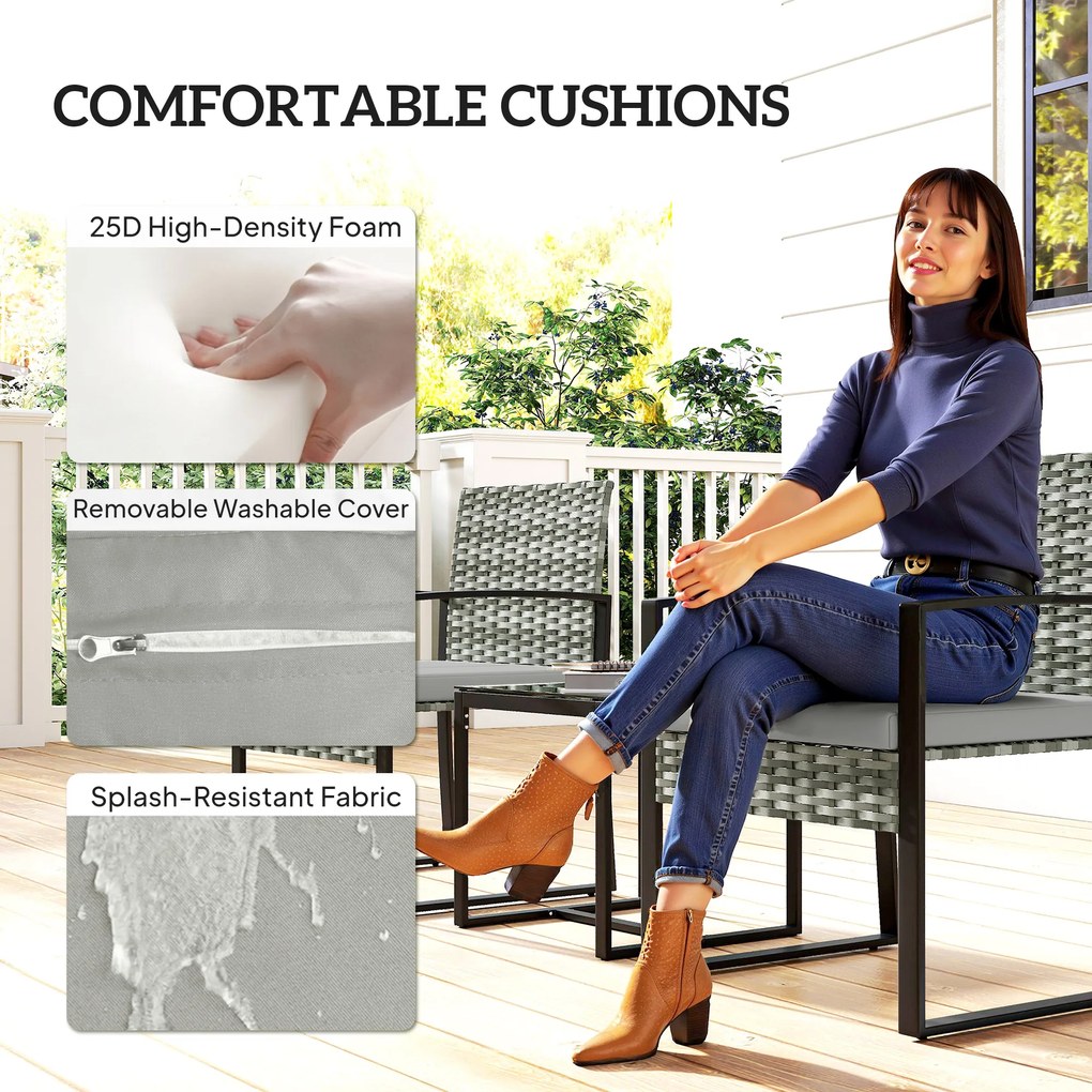 Outsunny Rattan Bistroset, 3-częściowy zestaw mebli ogrodowych z 2 krzesłami ogrodowymi, stolikiem kawowym, zdejmowanymi poduszkami Jasnoszary | Aosom PL