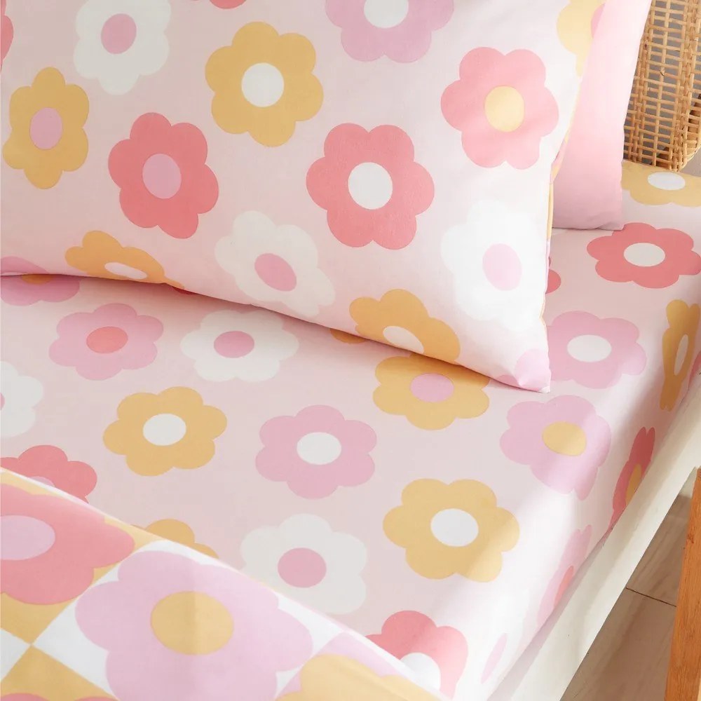 Różowe prześcieradło dziecięce dwuosobowe z gumką 135x190 cm Retro Daisy – Catherine Lansfield