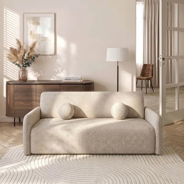 Sofa DUO Rozkładana Dwuosobowa Beżowa Szenil Japandi