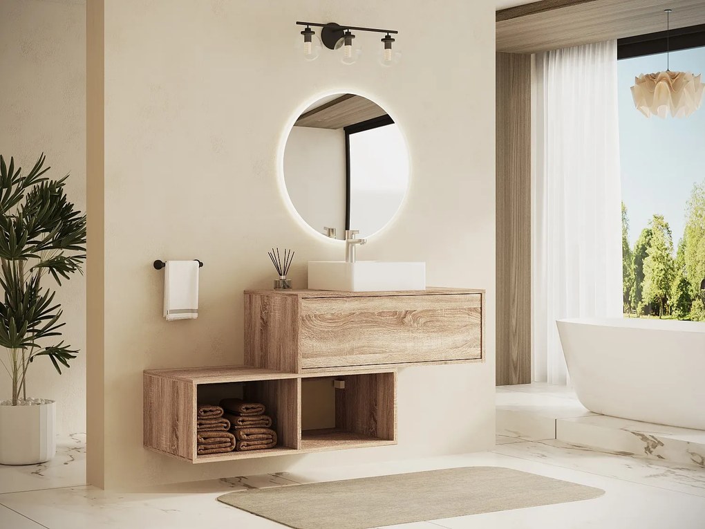 Szafka łazienkowa wisząca naturalna jasna z kwadratową umywalką - 1 szuflada i 2 wnęki - 94 cm - TEANA II