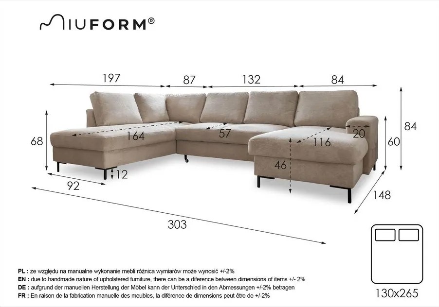 Ciemnoniebieski sztruksowy rozkładany narożnik (lewostronny) Lofty Lilly – Miuform