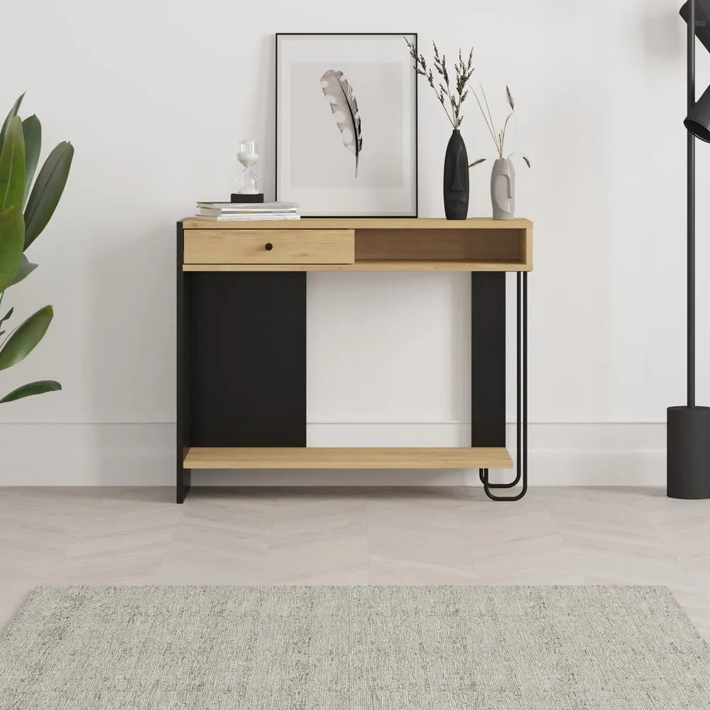 Czarno-naturalna konsola z blatem w dekorze dębu 35x100 cm Saturne – Marckeric