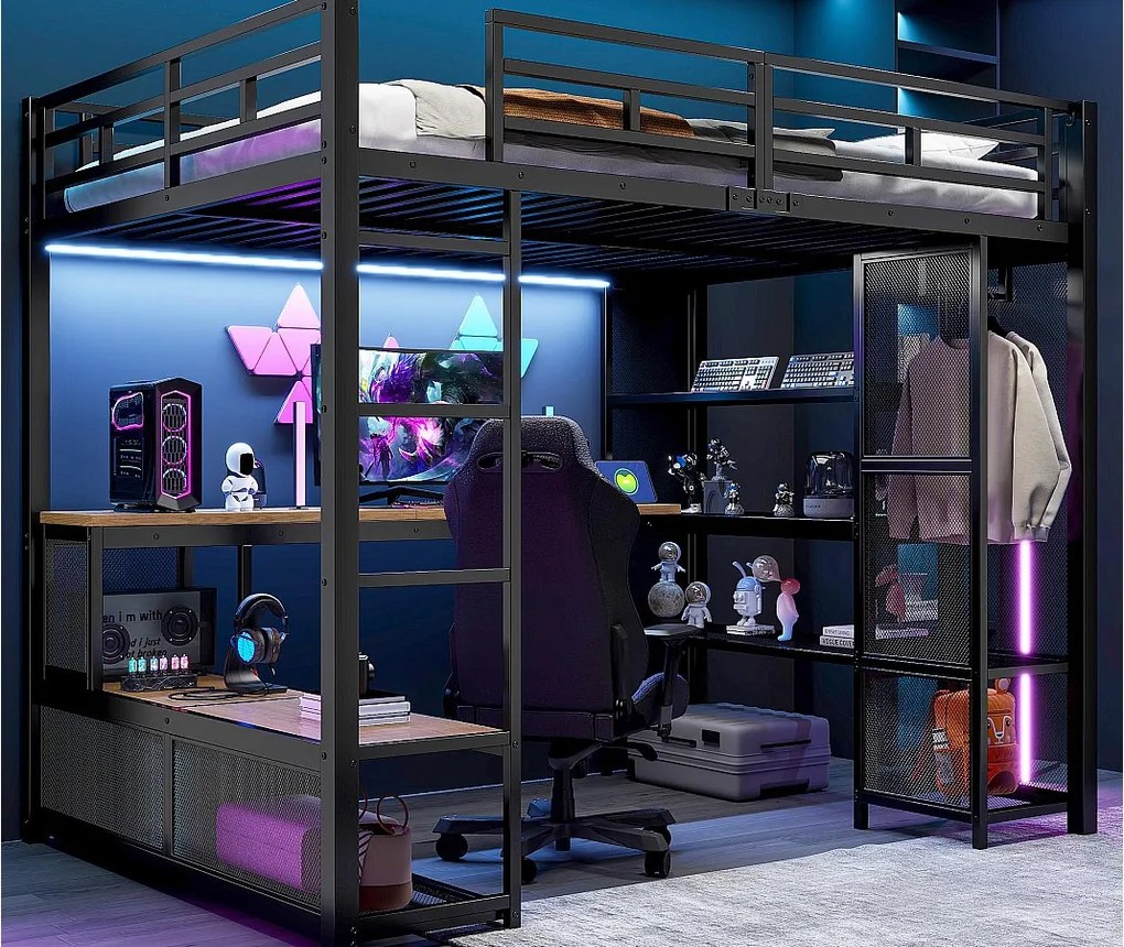 Łóżko na antresoli z metalu 140x200 cm - z biurkiem i półkami - z otwartym wieszakiem - Port USB i oświetlenie LED - Czarny​ (bez materaca)