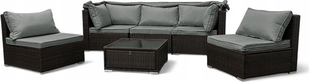 Wielofunkcyjny zestaw mebli ogrodowych - narożnik, leżanka z daszkiem Galicja 101 brąz, poduszki szare