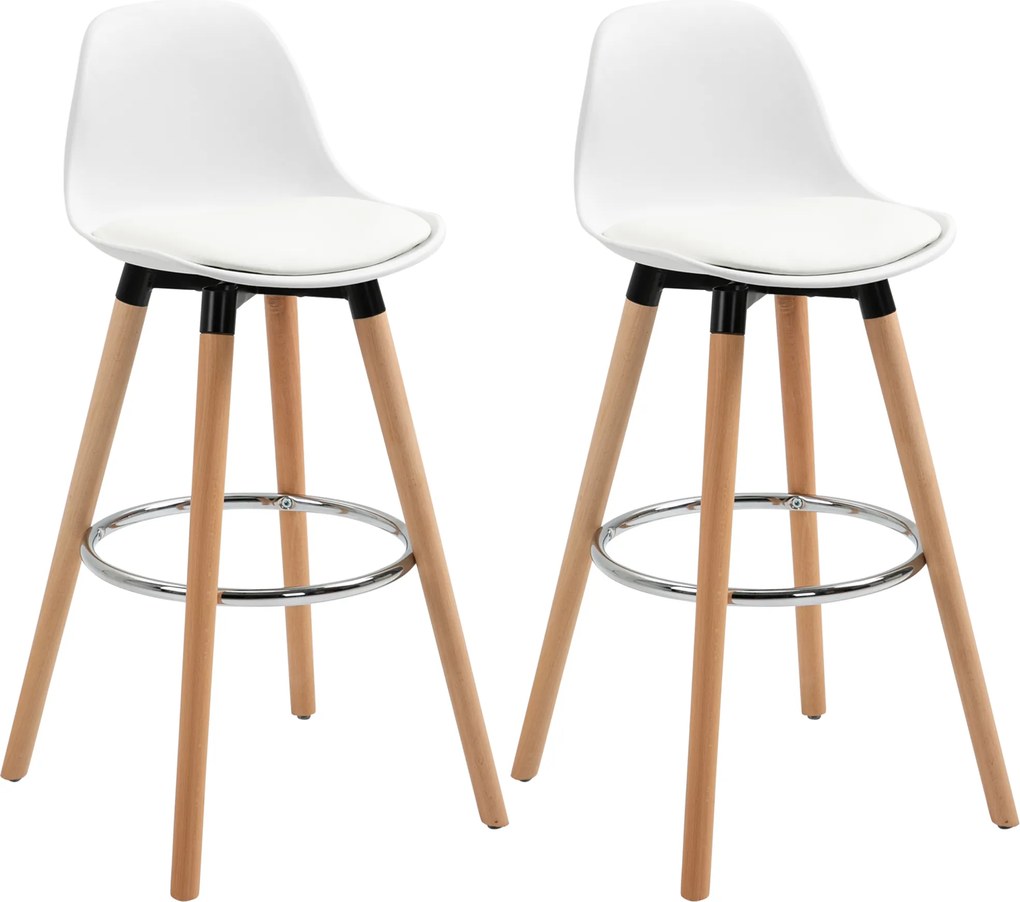 HOMCOM Zestaw 2 krzeseł barowych skandynawskich z podnóżkiem białe drewniane nowoczesne | Aosom PL