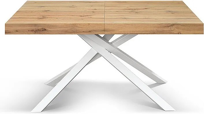 Drewniany stół, dębowe wykończenie, biała podstawa, rozkładany 140x90 - FORTE DEI MARMI