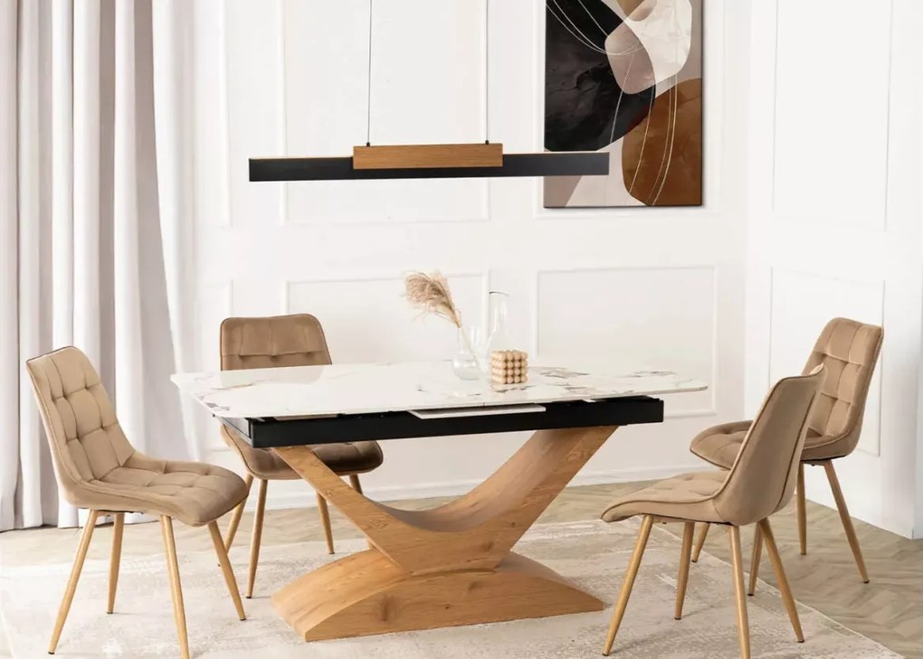 Stół rozkładany Vesta 160-200/90 – elegancki stół z ceramicznym blatem w kolorze białego marmuru