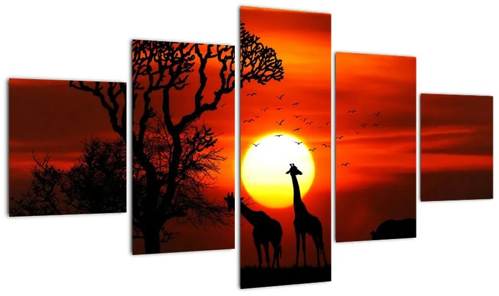 Obraz - Sylwetki zwierząt o zachodzie słońca (125x70 cm)