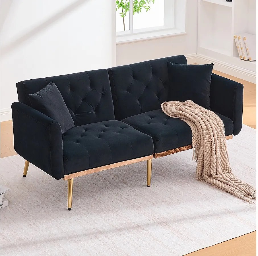 Sofa 2-osobowa z podłokietnikami - Prosta sofa z regulowanym oparciem i 2 poduszkami - czarny aksamit