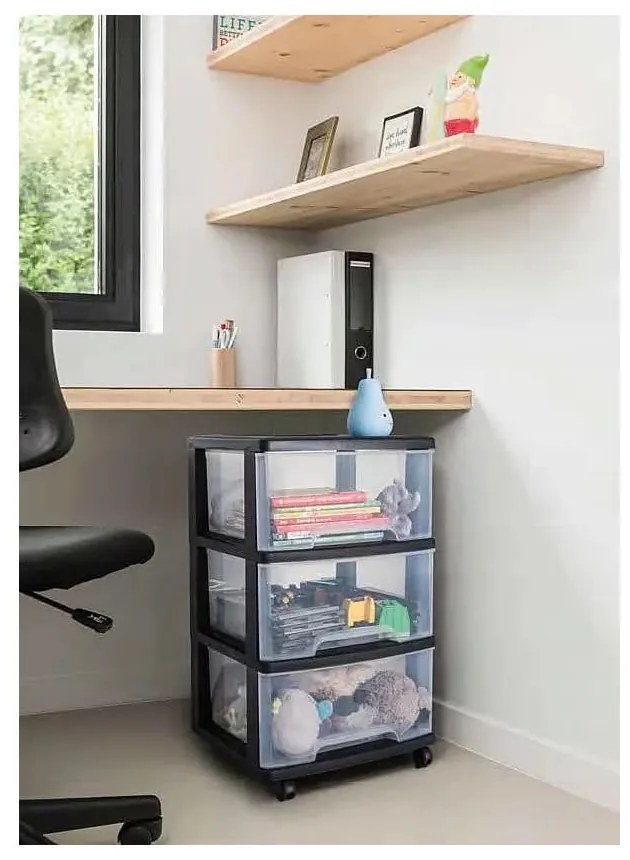 Czarno-transparentny plastikowy regał na kółkach 37x61 cm – Curver