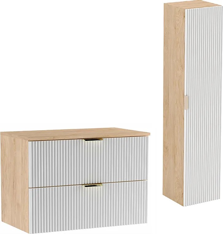 Zestaw Łazienkowy 80cm Szafka Blat Słupek Ryflowane Fronty Biały / Dąb Orzech