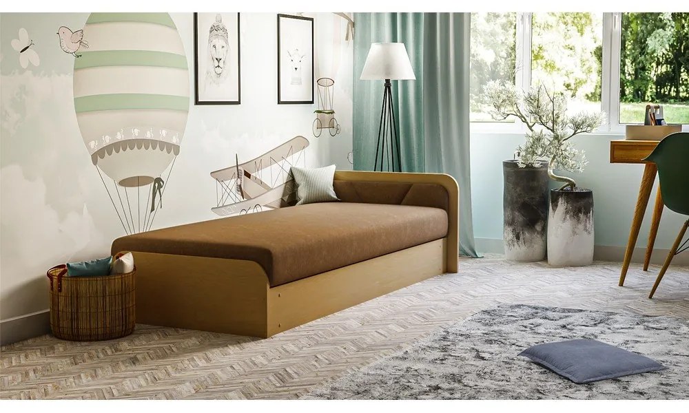 Tapicerowane/z płyty wiórowej łóżko jednoosobowe ze schowkiem z materacem 80x190 cm w kolorze ochry/brązowe Parys – ELTAP