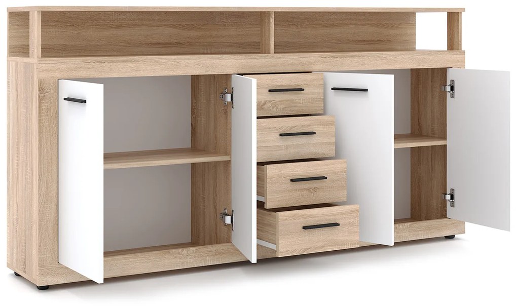 Komoda Czterodrzwiowa z Szufladami BLAGO 190 cm Dąb Sonoma/Biała Nowoczesna