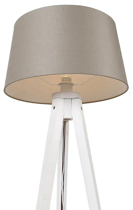 Nowoczesny statyw biały z abażurem lnianym w kolorze taupe 45 cm - Tripod Classic klasyczny/Antyczny Oswietlenie wewnetrzne