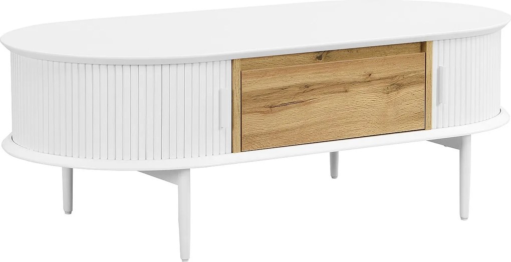 Stolik kawowy z 2 przesuwnych drzwiczek i 1 szufladą z MDF - Biały i naturalny - VELURANI