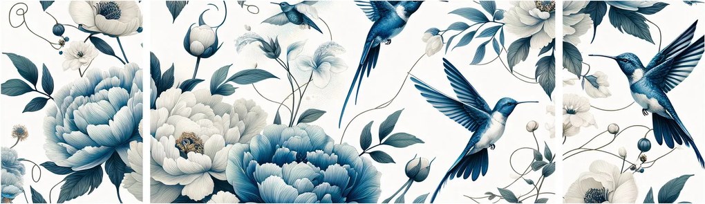 Obraz - Kolibry z kwiatami (170x50 cm)