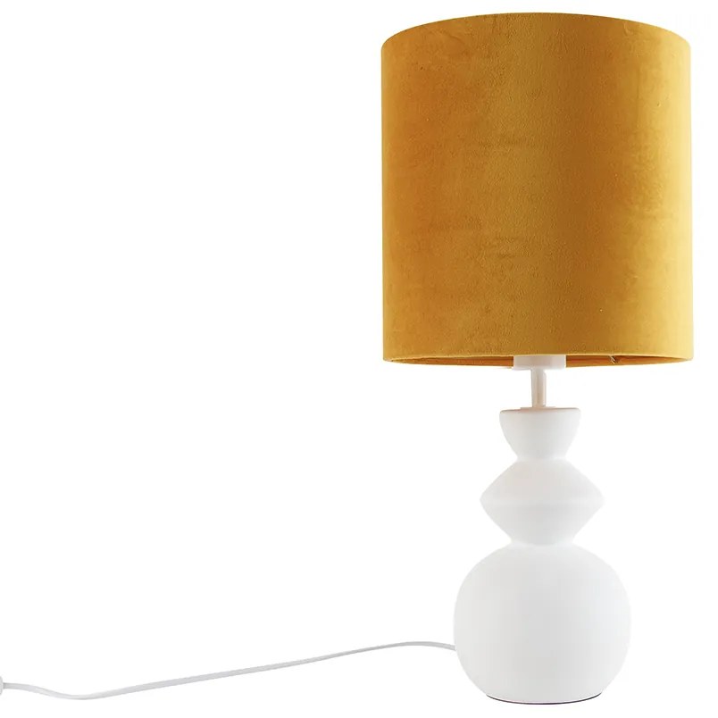 Designerska lampa stołowa biała z abażurem z aksamitu w kolorze żółtym ze złotem 25 cm - AlisiaDesignerski Oswietlenie wewnetrzne