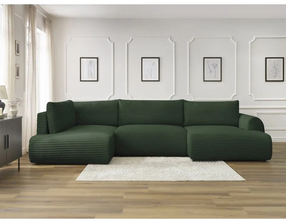 Ciemnozielony sztruksowy rozkładany/ze schowkiem narożnik (lewostronny/w kształcie litery U) Lucien – Bobochic Paris
