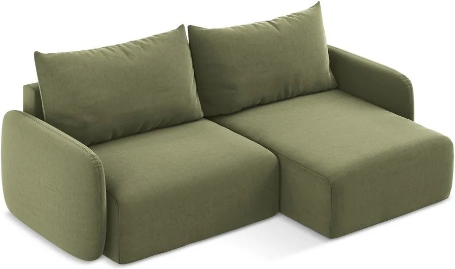 Zielony aksamitny rozkładany narożnik ze schowkiem (prawostronny/z szezlongiem) Kalena – Makamii