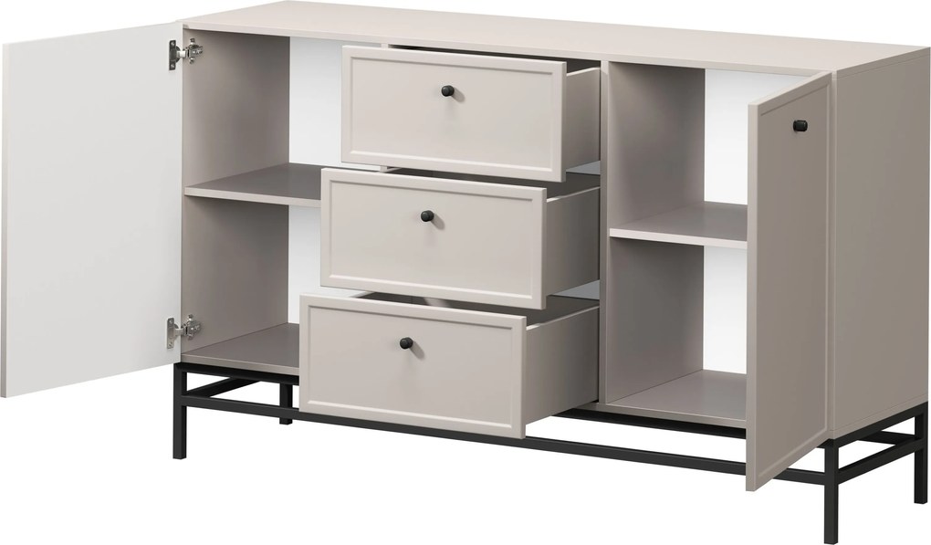 Komoda Lorini 150 cm z szufladami - kaszmir / czarne uchwyty / stelaż