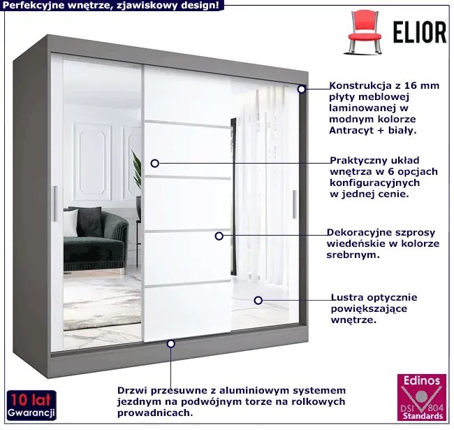 Trzydrzwiowa szafa przesuwna 200 cm antracyt + biały - Ebia 6X