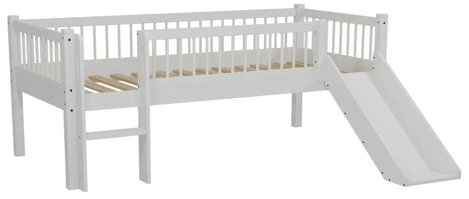 Białe podwyższone łóżko dziecięce z litego drewna dębowego ze zjeżdżalnią i stelażem 90x200 cm Forrest – Vipack