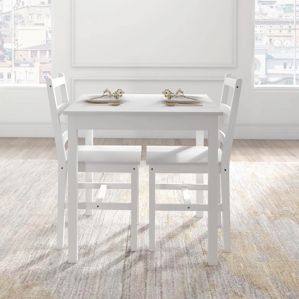 HOMCOM Zestaw stół i krzesła 3-częściowy biały z drewnianym siedziskiem do kuchni | Aosom PL