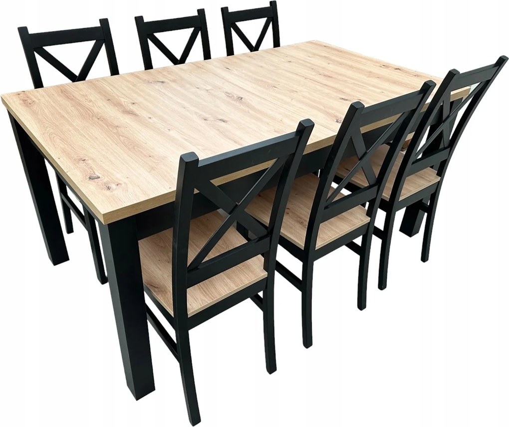 Stół prostokątny Czarny + 6 Krzeseł DĄB ARTISAN 80x160/210 ZESTAW