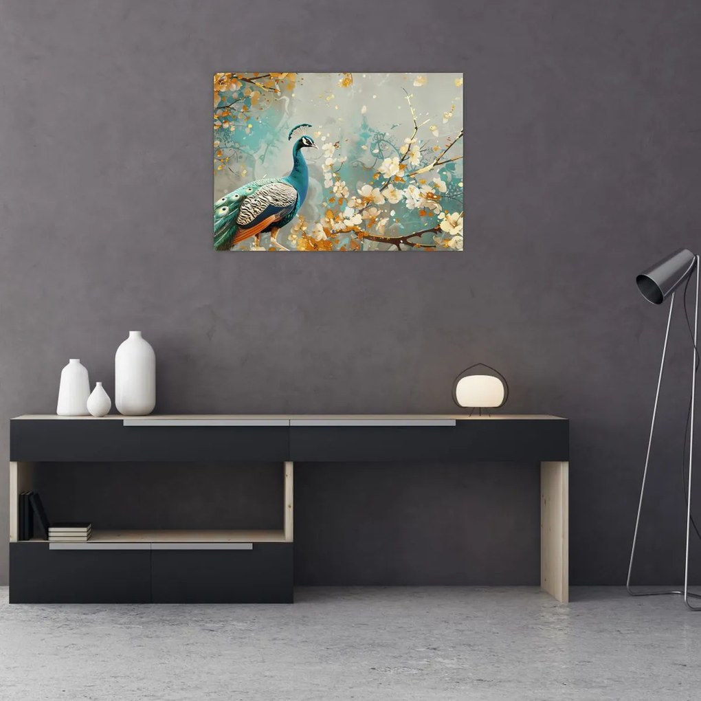 Obraz - Paw ze złotą dekoracją (70x50 cm)