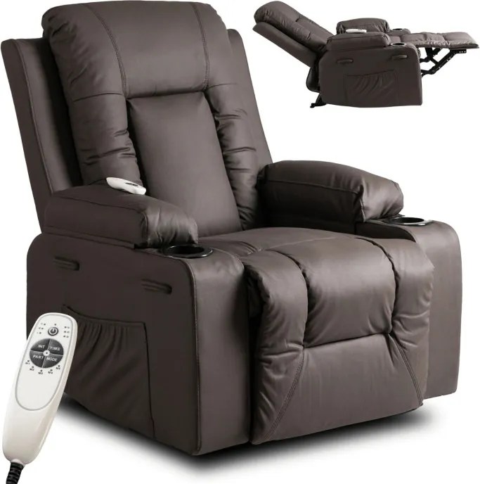 Fotel Masujący BOX Rozkładany Wypoczynkowy z Podnóżkiem Ciemnobrązowy Ekoskóra Nowoczesny