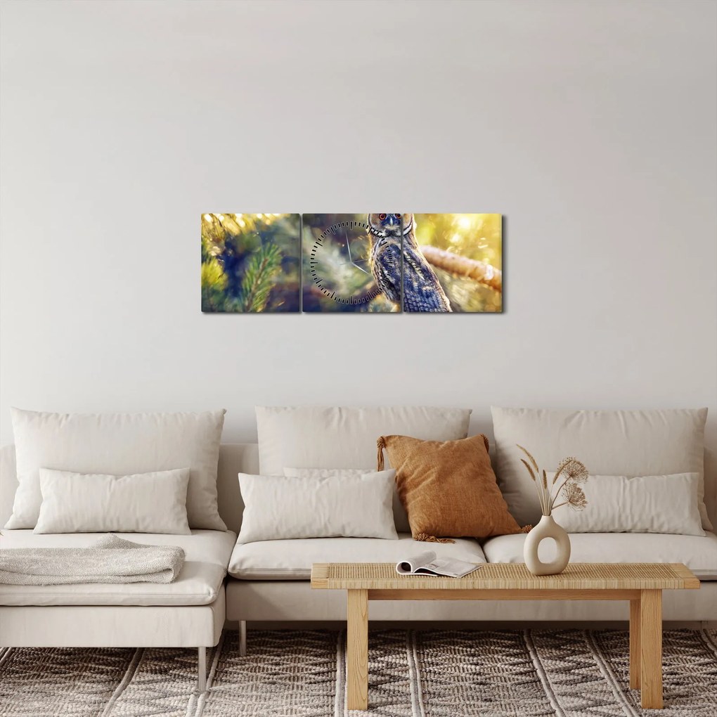 Obraz sowy na drzewie (z zegarem) (90x30 cm)