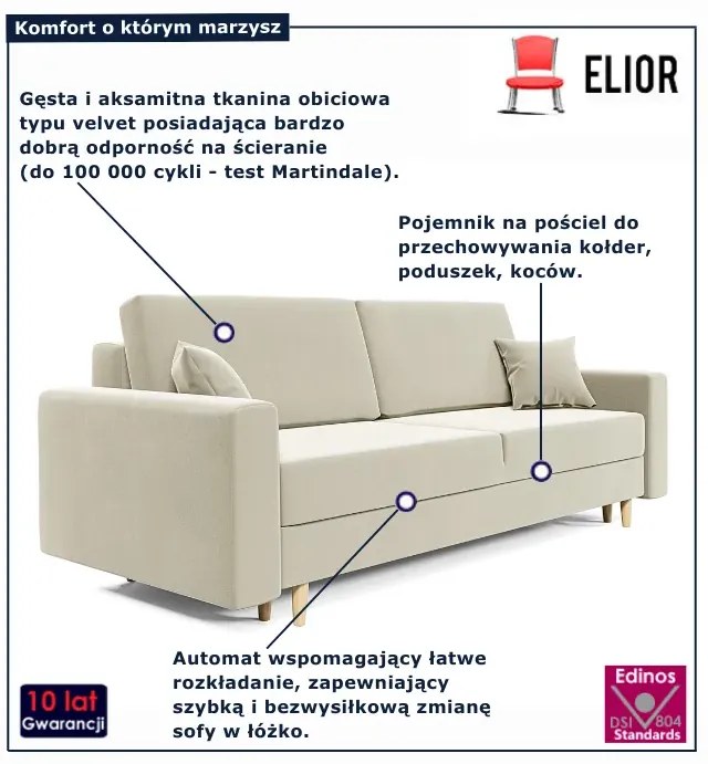Kremowa welurowa sofa rozkładana na nóżkach W4-A93