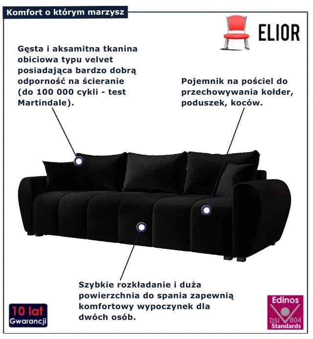 Czarna welurowa nowoczesna sofa rozkładana  K3-C47