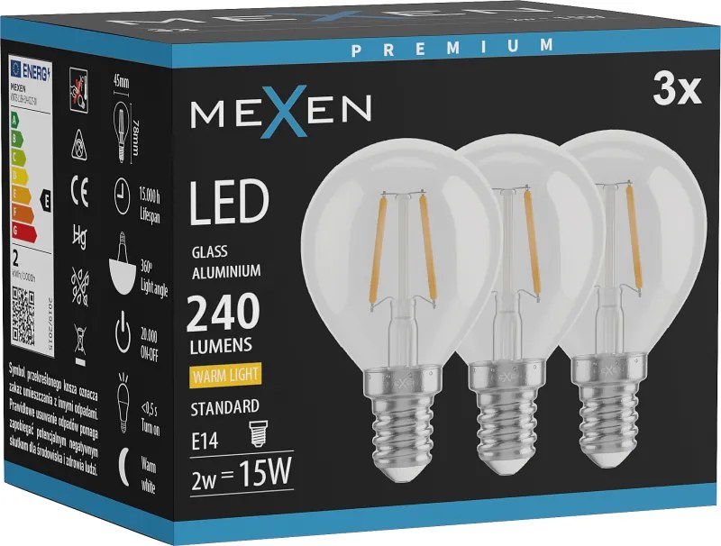 Mexen Vintis 3x żarówka filament LED E14, G45, 2W, Ciepła - 2700K, 240 lm, clear - L156-E14-0227-00x03