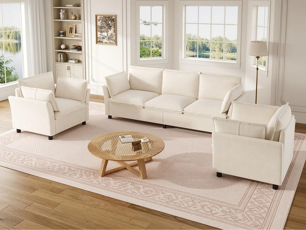 Modułowy zestaw sof 3+1+1 „efekt chmury” z tkaniny szenilowej, sofa 3-osobowa i 2 ergonomiczne fotele, styl nowoczesny - beżowy