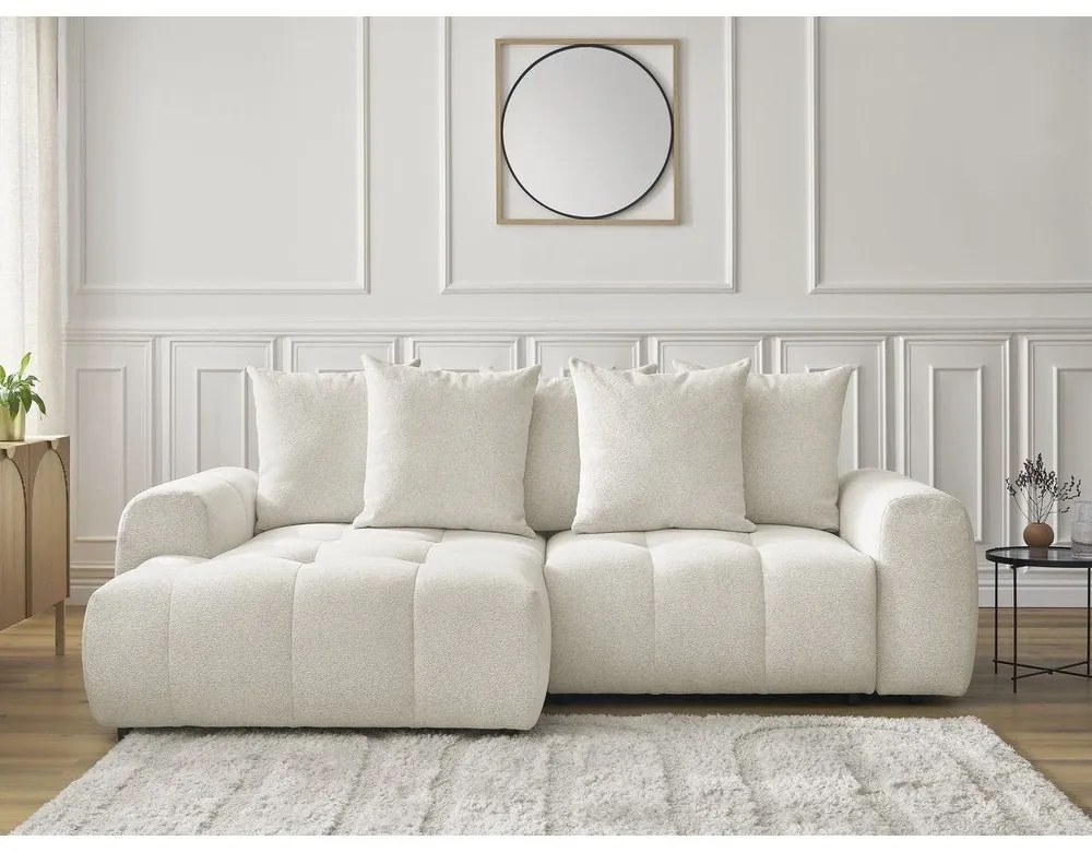 Biały rozkładany narożnik z tkaniny szenilowej ze schowkiem (lewostronny/z szezlongiem) Roxelane – Bobochic Paris