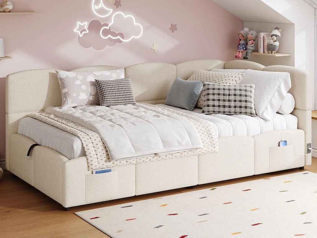 Sofa dziecięca z funkcją spania 90x200 cm - Łóżko z pojemnikiem - z portami USB - z kieszenią na przechowywanie - Aksamit pętelkowy - Różowy (bez materaca)