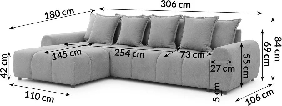 Szary narożnik (lewostronny/z szezlongiem) Albane – Ropez