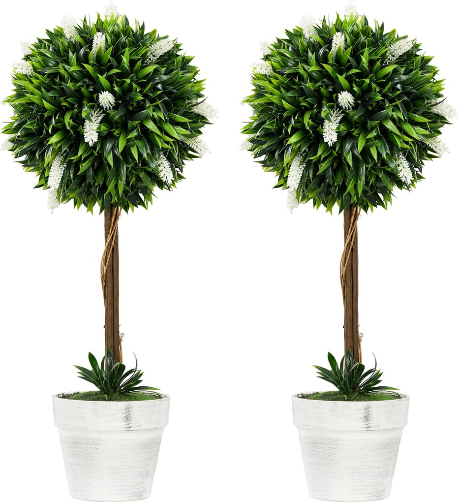 HOMCOM Zestaw 2 Sztucznych Drzewek Lawendowych, 60 cm Wysokości, Zawiera Donicę i Sztuczny Mech, Biały