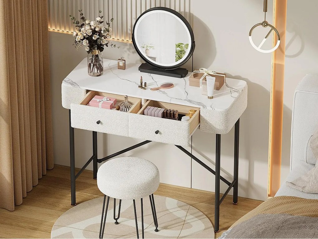 Toaletka z lustrem 100x40x120cm - z regulowanym oświetleniem LED - z 1 stołkiem - z 2 szufladami - faktura marmuru - Biały + Czarny