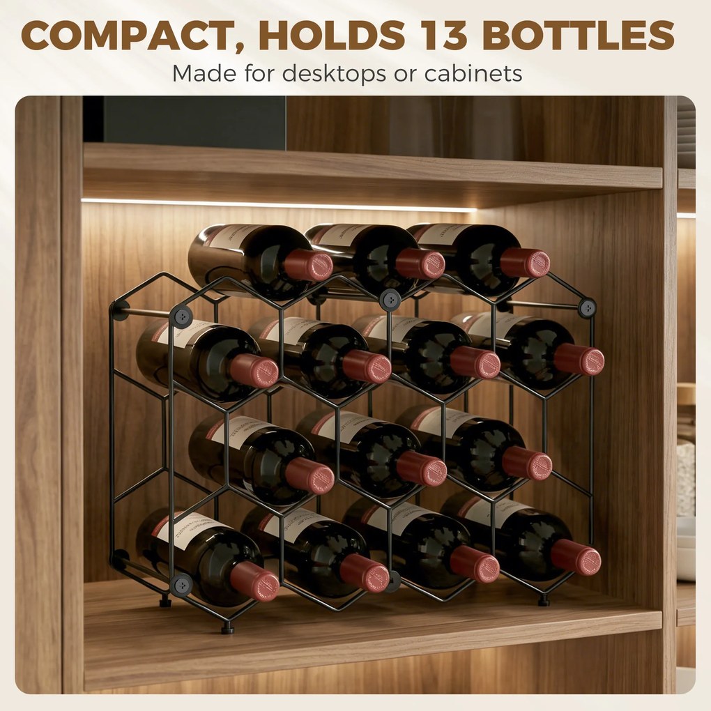HOMCOM Stojak na wino na 13 butelek z designem plastra miodu, regulowanymi nóżkami, zabezpieczeniem przed przewróceniem, metalowy, 43 x 15,5 x 31 cm, czarny | Aosom PL