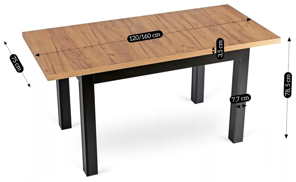 Stół Prostokątny Rozkładany SKUBI 120-160 cm Dąb Craft/Czarny Nowoczesny Loft