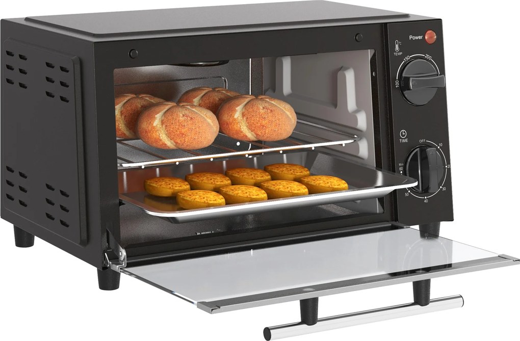 HOMCOM Mini-Piekarnik, 9 litrów pojemności, regulowana temperatura i czas pieczenia, z rusztem i blachą, czarny
