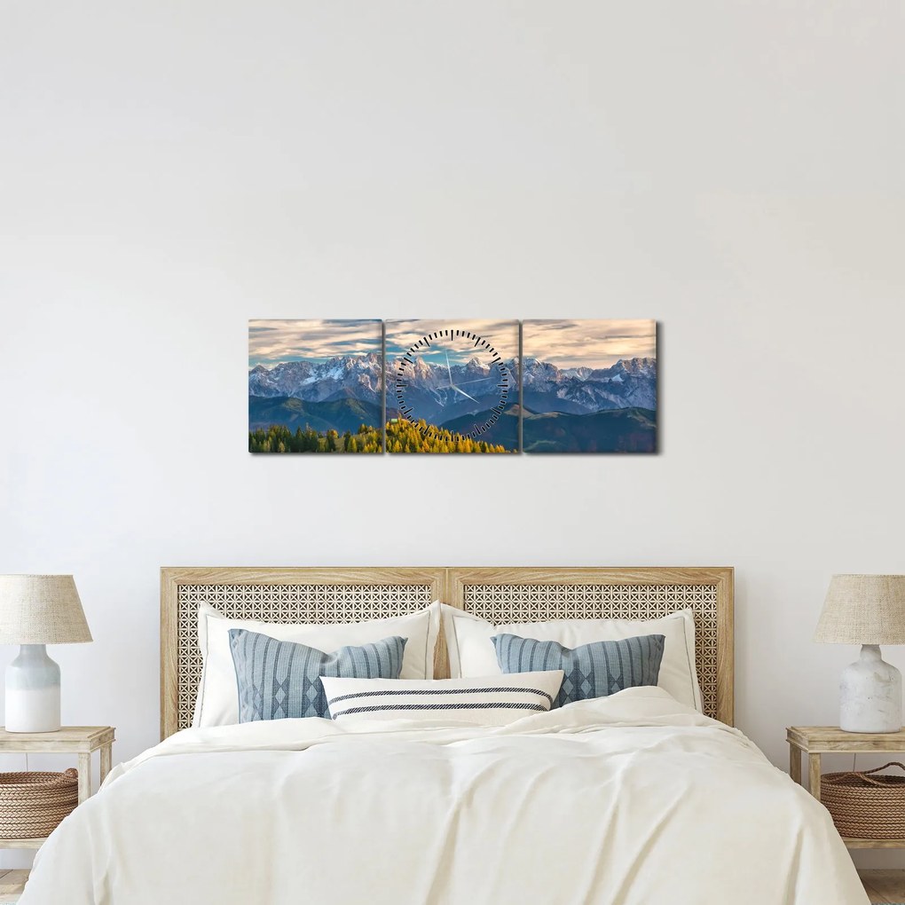 Obraz - panorama górska (z zegarem) (90x30 cm)