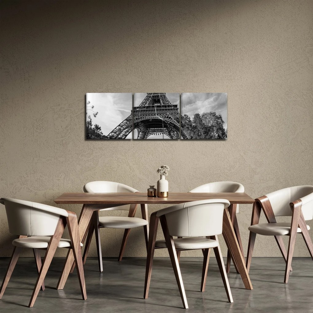 Obraz - Wieża Eiffla, czarno-biały (z zegarem) (90x30 cm)