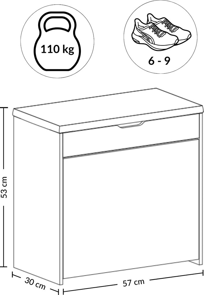 Szafka na buty z siedziskiem i wysuwanymi półkami VAULT, 57 x 30 x 53 cm