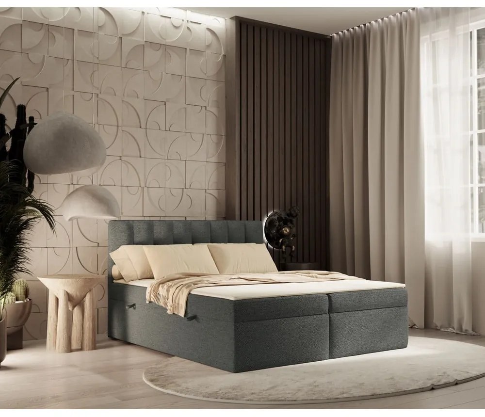 Ciemnoszare łóżko boxspring ze schowkiem 140x200 cm Novento – Maison de Rêve