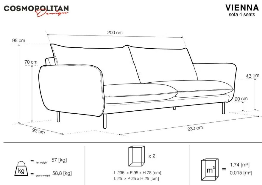 Beżowa aksamitna sofa Cosmopolitan Design Vienna, 230 cm